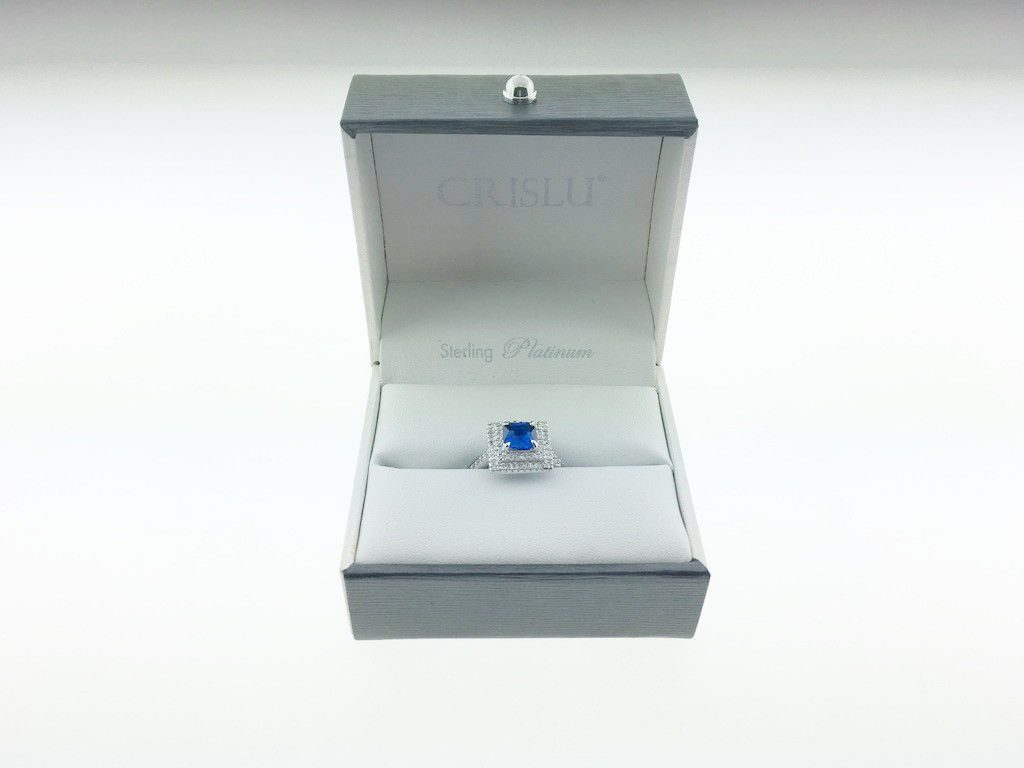 Crislu 9010138R70SA Sterling Platinum Blue CZ Square Crystal Ring Size 7