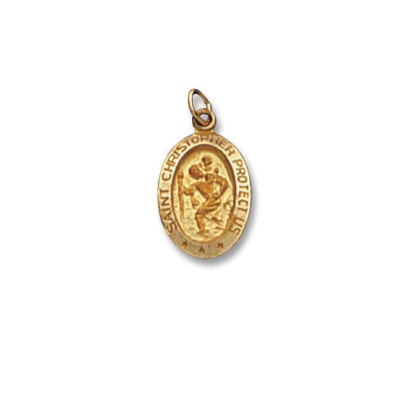 St. Christopher Protect Us Oval Solid 14k Yellow Gold 7/8 Inch Religious Medal