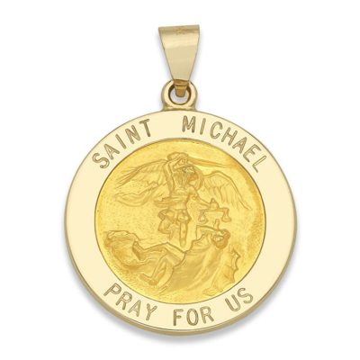 St. Michael SERIES Round 14 KT. Yellow Hollow Religious Medal 7/8 Inch