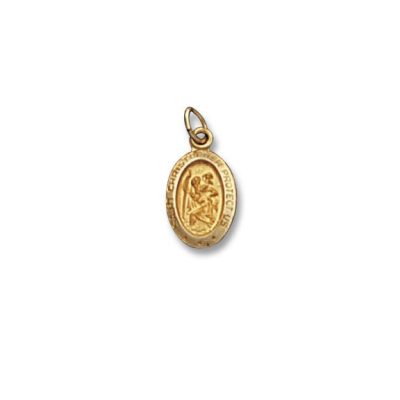 St. Christopher Protect Us 14k Yellow Gold Solid Oval 9/16 Inch Religious Medal