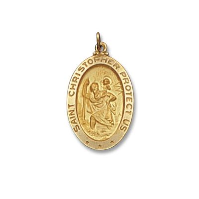 St. Christopher Protect Us Oval Solid 14k Yellow Gold 7/8 Inch Religious Medal