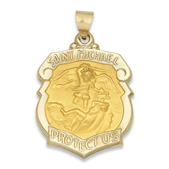 St. Michael SERIES Shield 14 KT. Yellow Gold Hollow Religious Medal
