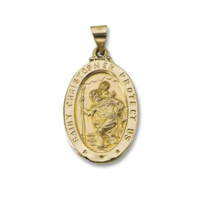 St. Christopher 14k. Oval White Gold Hollow Religious Medal M7HO
