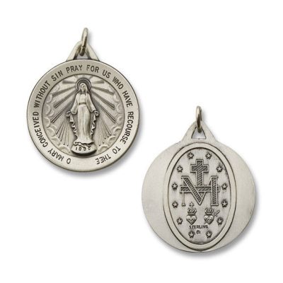 Round Silver Antiqued Miraculous Religious Medal 1 Inch S22