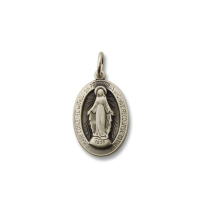 Oval Silver Antiqued Raised Figure Miraculous Religious Medal 13/16 Inch S38