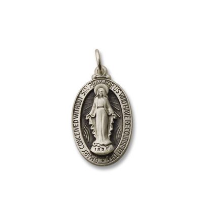 Oval Silver Antiqued Raised Figure Miraculous Religious Medal 15/16 Inch S39