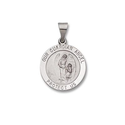 14 Kt Round White Gold Hollow Guardian Angel Religious Medal
