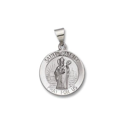 St. Patrick SERIES Round 14 KT. White Gold Hollow Religious Medal 3/4 Inch