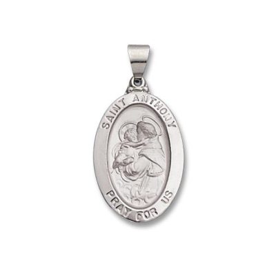 St. Anthony SERIES Oval 14 KT. White Gold Hollow Religious Medal