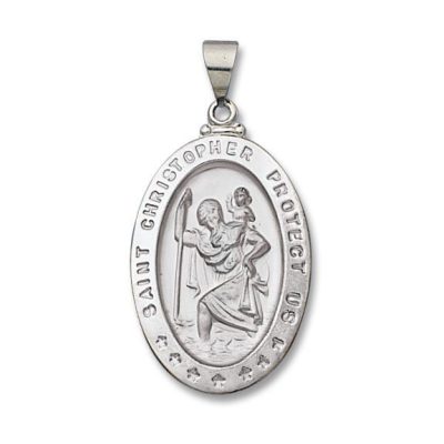 St. Christopher SERIES Oval 14 KT. White Hollow Gold Religious Medal 1 Inch