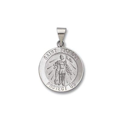 St. Florian SERIES Round  14 KT. White Hollow 3/4 Inch Religious Medal