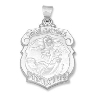 St. Michael SERIES Shield 14 KT. White Gold Hollow Religious Medal