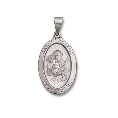 St. Joseph SERIES Oval 14 KT White Gold Hollow Religious Medal WM67HO