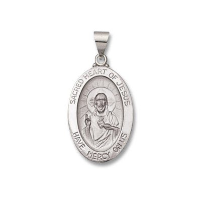 Sacred Heart of Jesus SERIES Oval 14 KT. White Hollow Religious Medal
