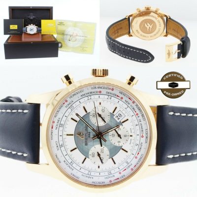 Breitling Transocean Men's 18kt Rose Gold Chronograph Blue Leather Strap Watch