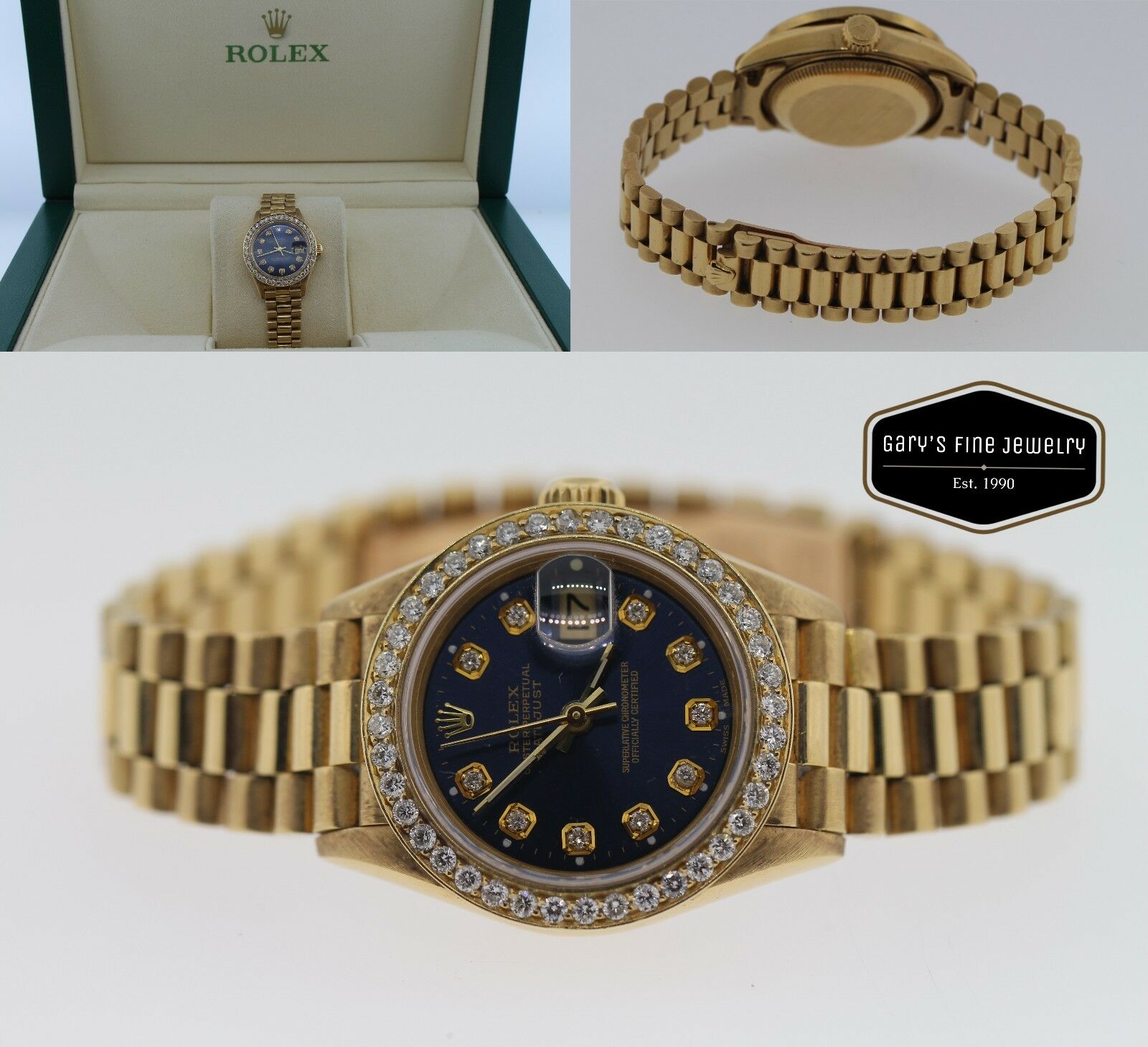 Rolex Datejust President 18k Yellow Gold Silver Diamond 26mm Ladies Watch 69178