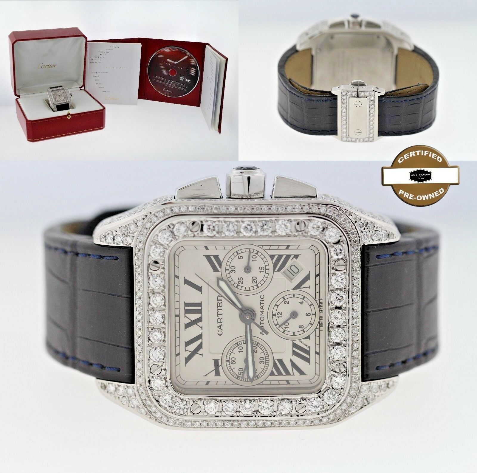 Cartier Santos De Cartier Large Model Steel Custom Diamond-Set Silvered ...