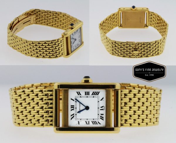 Cartier Tank 18K Solid Yellow Gold Vintage Unisex Watch Mesh Bracelet White Dial