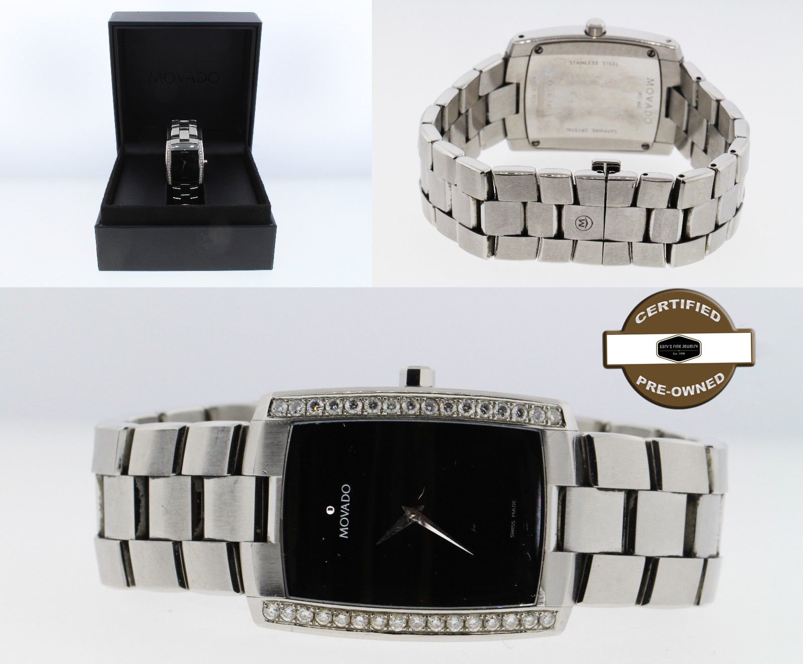Movado Eliro Black Dial Swiss 1.5 Ct 32 Custom Diamonds Mens 24.5mm x 32mm Watch