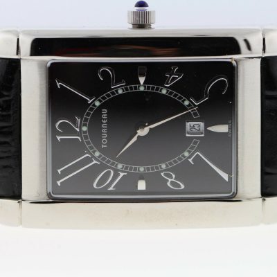 Tourneau Stainless Steel Black Leather Band Rectangular 28x35mm Men's Watch NEW