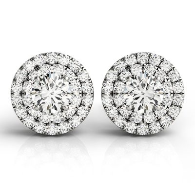 14k White Gold Rose Center Round Halo Diamond Earrings