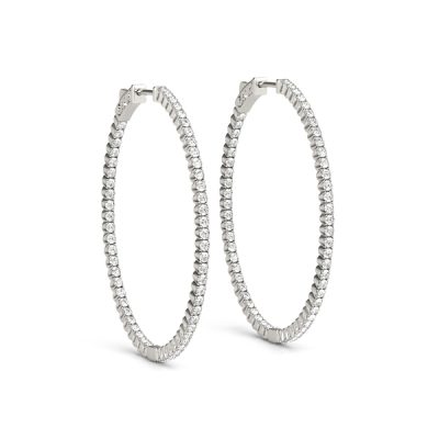 14k White Gold 1.5 Inch 4 Prong Oval Diamond Hoop Earrings