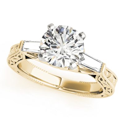 Raelynn Diamond Baguette 3-Stone Engraved Cathedral Engagement Ring  (18k Yellow Gold)