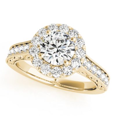 Arabella Diamond Halo Antique Style Engraved Engagement Ring (18k Yellow Gold)
