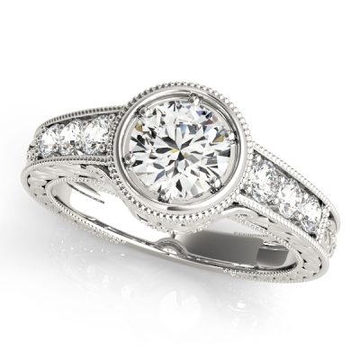 Iris Diamond Bezel Vintage Flower Engraved Engagement Ring (Platinum)