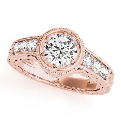 Iris Diamond Bezel Vintage Flower Engraved Engagement Ring (18k Rose Gold)