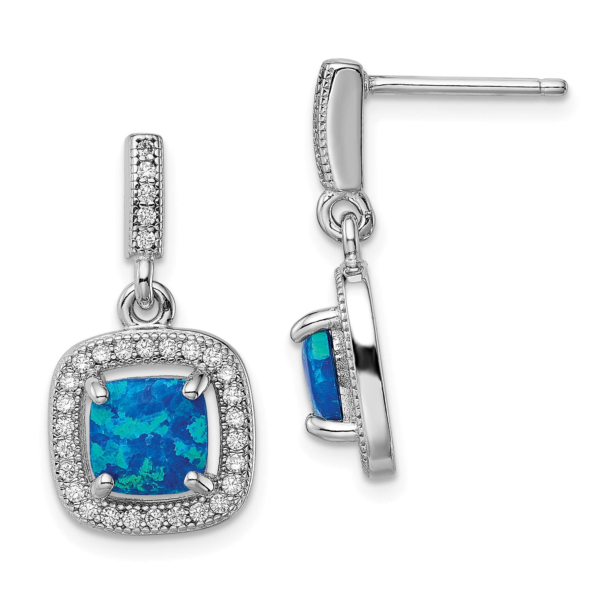 Sterling Silver Rhodium-plated Blue Created Opal CZ Post Earrings