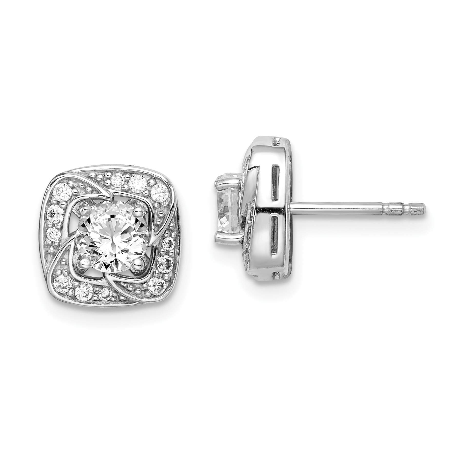 Sterling Silver Rhodium-plated 5mm Round CZ Earrings w/Square Jackets