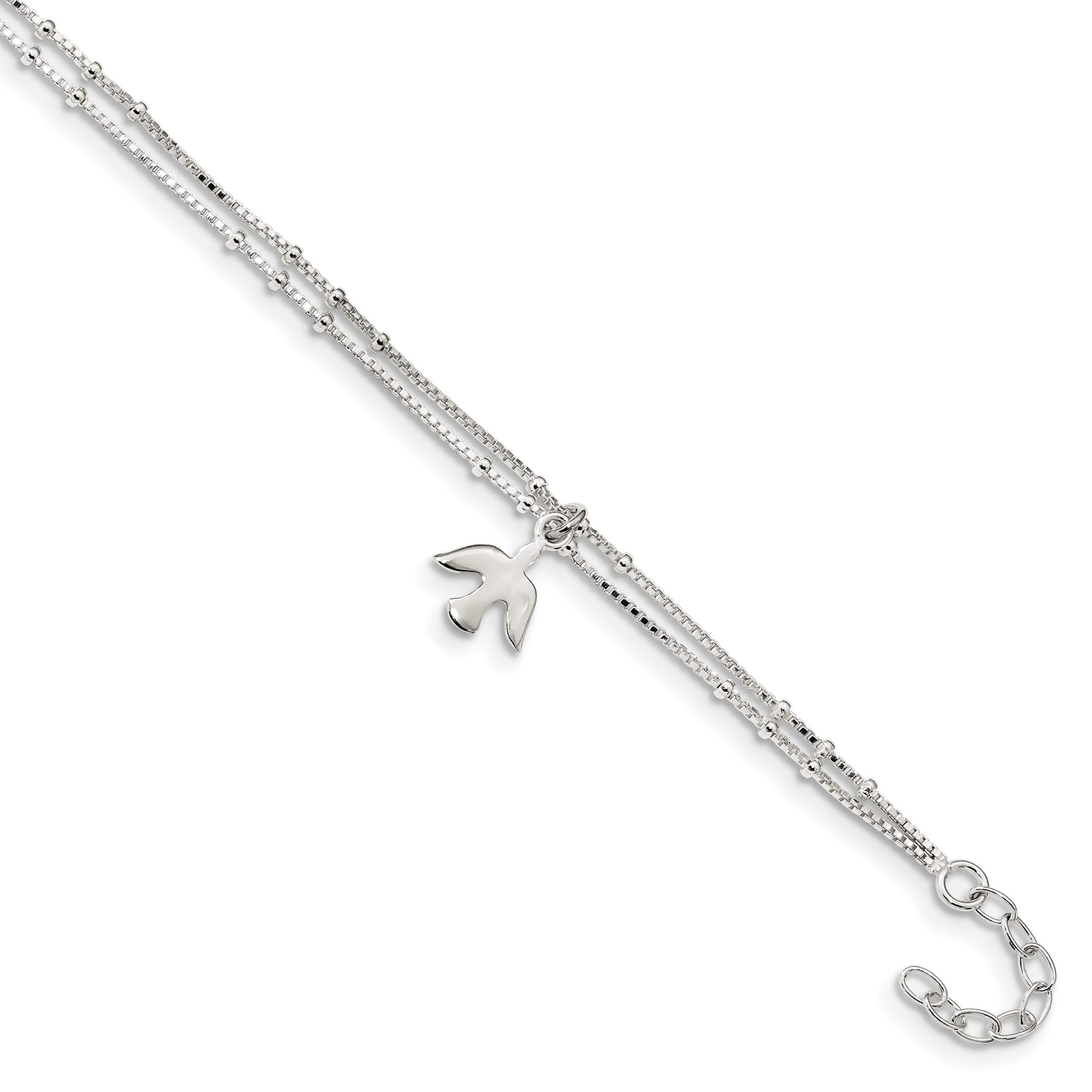 Sterling Silver Polished 2-Strand Dove 9in w/1in Ext Anklet