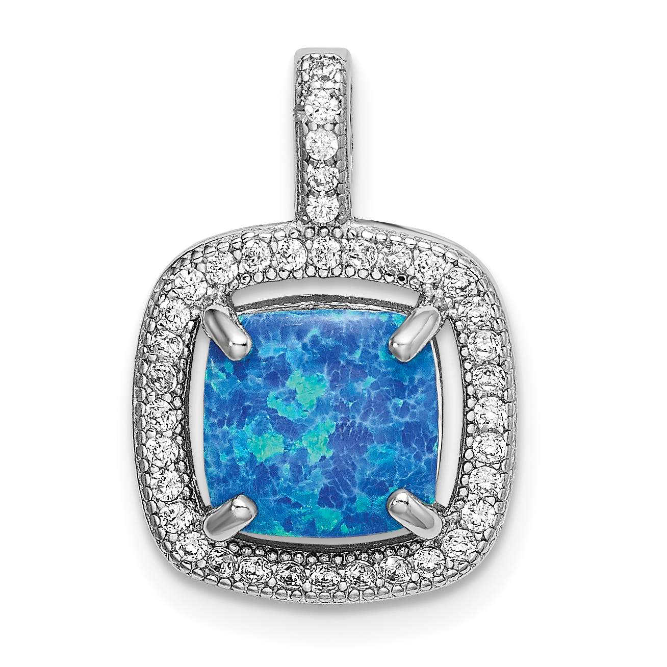 Sterling Silver Rhodium-plated Blue Square Created Opal w/CZ
